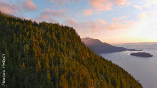 Canadian Mountain Landscape on the West Coast Pacific Ocean. Aerial Nature Background. Howe Sound, BC, Canada.