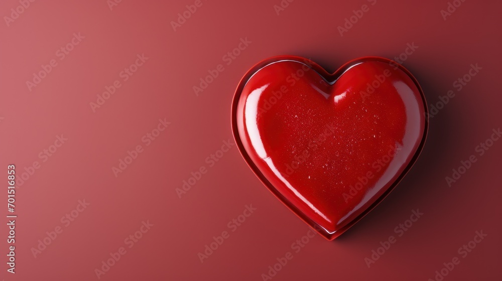  a red heart shaped object sitting on top of a red surface next to a red wall with a shadow on it.