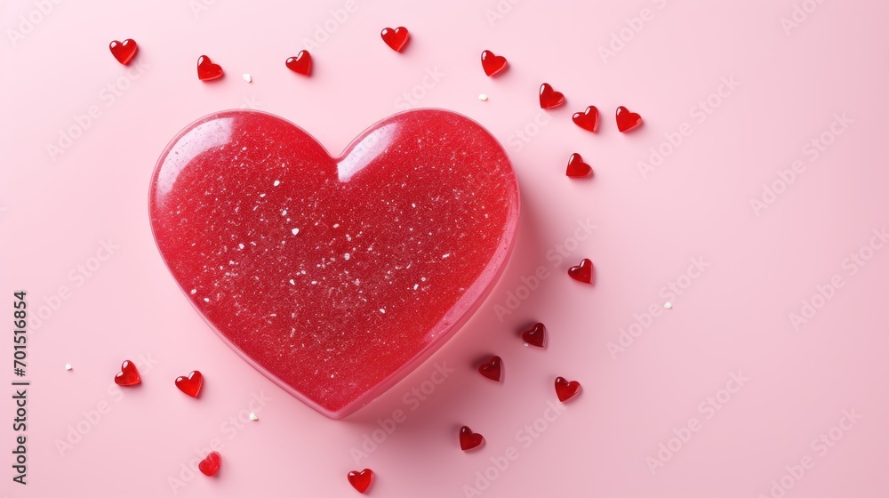  a close up of a heart shaped soap on a pink background with hearts scattered around it and a pink background with hearts scattered around it.
