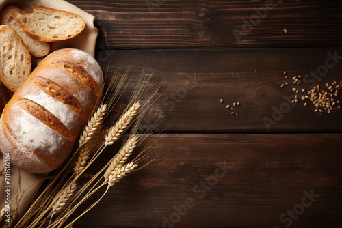 Organic Wheat Bread on Rustic Timber Background with Ears of Grain - Ample Space for Text