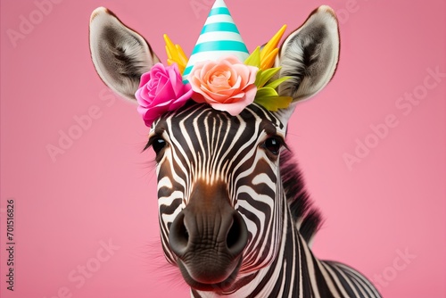 Zebra Portrait with Festive Birthday Decorations on Soft Pink Background - Vibrant Celebration. Birthday Greeting Card. 