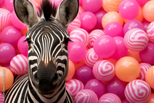 Ecstatic Zebra Portrait with Pink and Orange Colors Birthday Balloons, Isolated on Festive and Joyous Background. Greeting Birthday Card