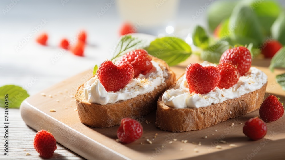 a wooden cutting board topped with two pieces of bread covered in whipped cream and raspberries next to a glass of milk. a wooden cutting board topped with two pieces of bread covered in whipped cream and raspberries next to a glass of milk.