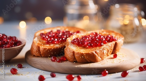 a close up of a piece of bread with pomegranates on it and a bowl of pomegranates in the background.