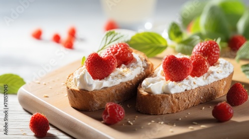  a wooden cutting board topped with two pieces of bread covered in whipped cream and raspberries next to a glass of milk.