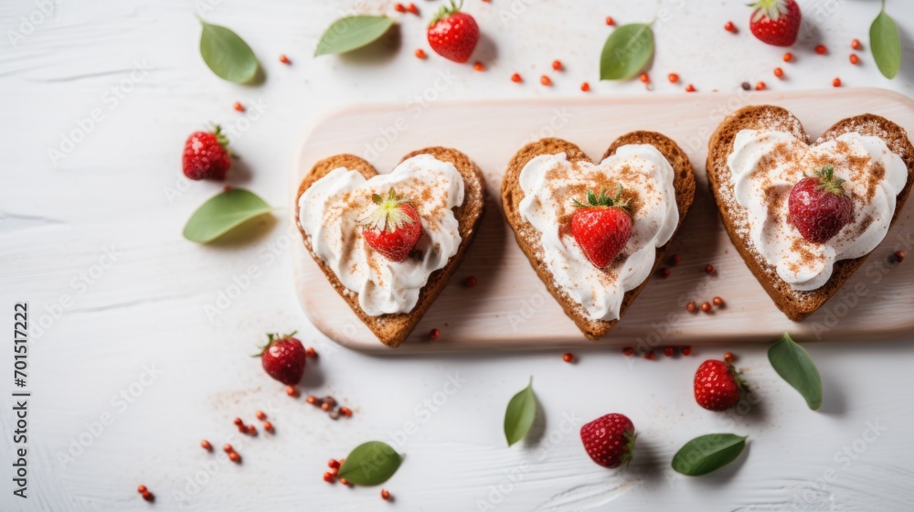 three slices of heart shaped bread with whipped cream and strawberries on a cutting board surrounded by leaves and berries. three slices of heart shaped bread with whipped cream and strawberries on a cutting board surrounded by leaves and berries.