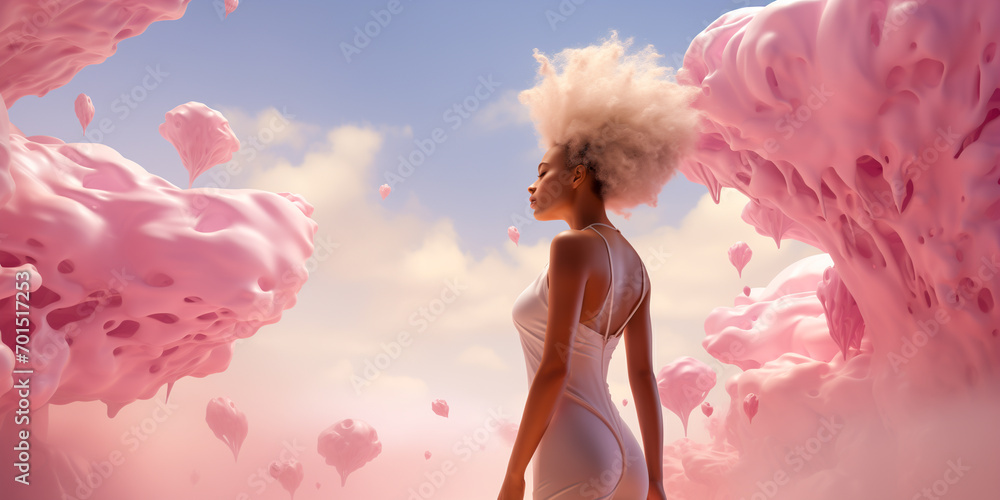 Woman in fantasy pink liquid melting environment, avant garde, Otherworldly Visions, wide banner copyspace Woman in fantasy pink liquid melting environment, avant garde, Otherworldly Visions, wide banner copyspace
