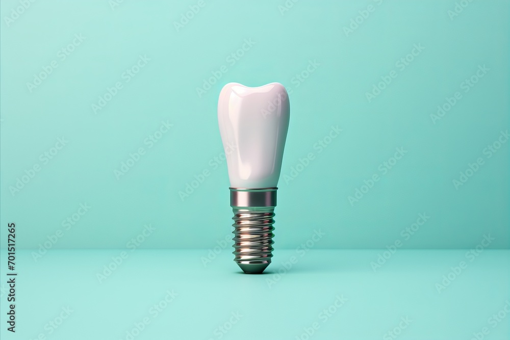 Dental Implant with Metal Fin on Pastel Green Background for Teeth Restoration and Oral Health Dental Implant with Metal Fin on Pastel Green Background for Teeth Restoration and Oral Health