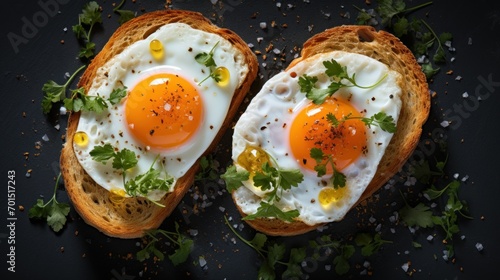  two fried eggs on a piece of bread with parsley sprinkled on the top and on the side.