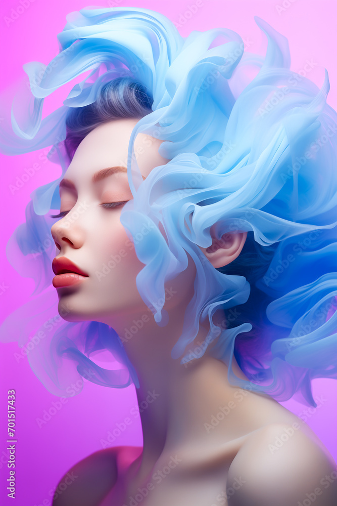 Stunning woman with blue smoke fluid hair on purple background, vertical portrait, Otherworldly Visions