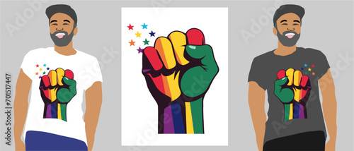 Vector lgbt fist in rainbow colors with colorful stars.
Lgbt hand. Colored fingers in fist. Symbol of mutual support. Cartoon print for t-shirt with
elements of lgbt community.	
