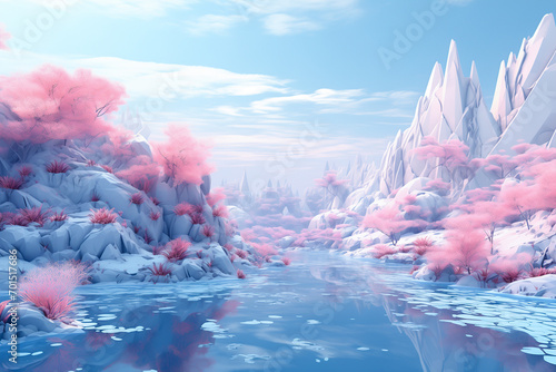 Alien planet sci fi landscape, white jagged polygon geometric mountains rocks, pink bushes foliage, Otherworldly Visions, 3d background, setting environment design