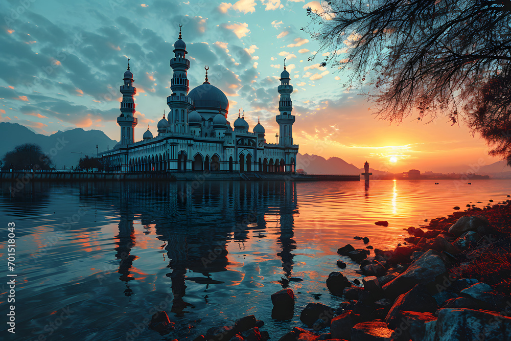 A Magnificent Mosque with a Beautiful Sky View at Sunset - obrazy, fototapety, plakaty 