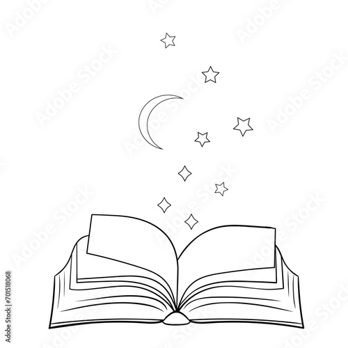 Open book with black soft stars flying out. Isolated on white background. Flat icon. Vector illustration. Magic reading logo. 