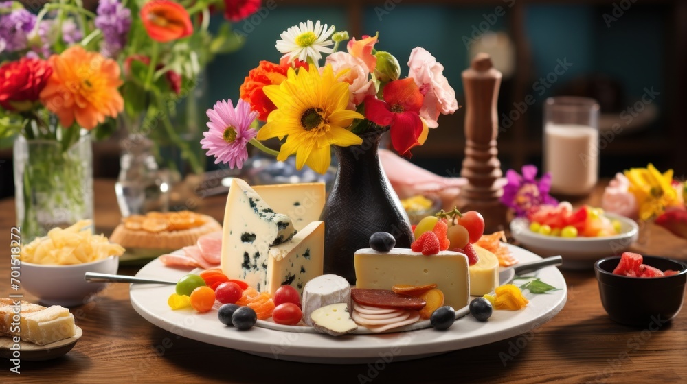 a wooden table topped with a plate of food and a vase filled with flowers on top of a wooden table. a wooden table topped with a plate of food and a vase filled with flowers on top of a wooden table.