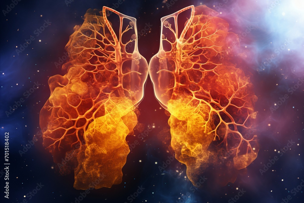 Illustration of pair of lungs, visibly impaired due to smoking, engulfed in fiery blaze - obrazy, fototapety, plakaty 
