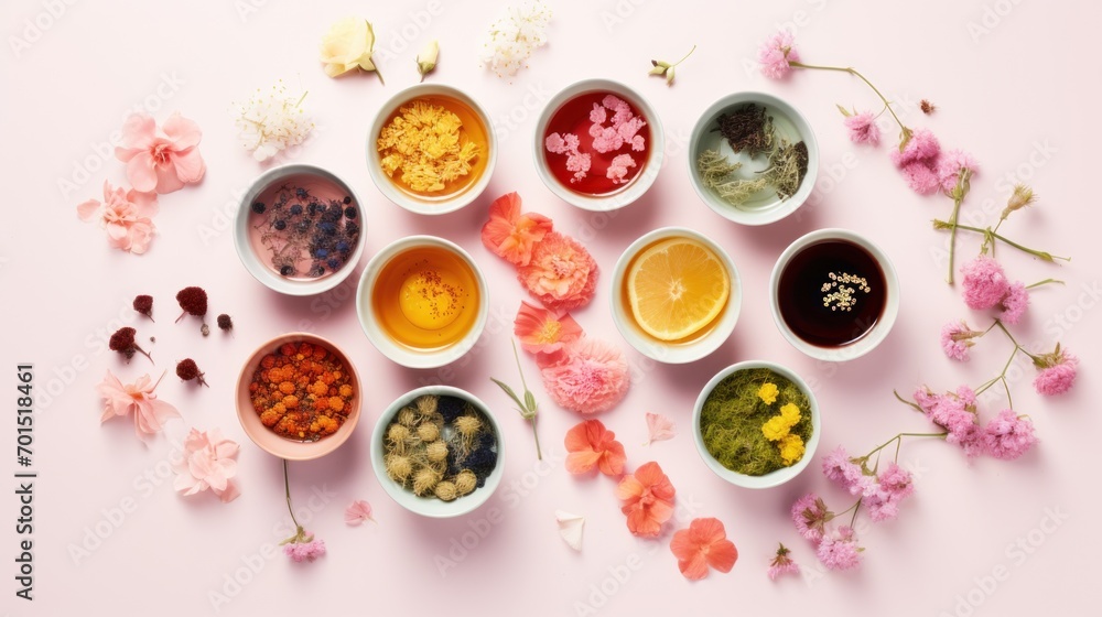 a table topped with bowls filled with different types of condiments next to flowers on top of a pink surface. a table topped with bowls filled with different types of condiments next to flowers on top of a pink surface.