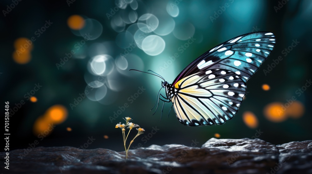 Obraz premium a butterfly sitting on top of a rock next to a small yellow flower on top of a pile of dirt.