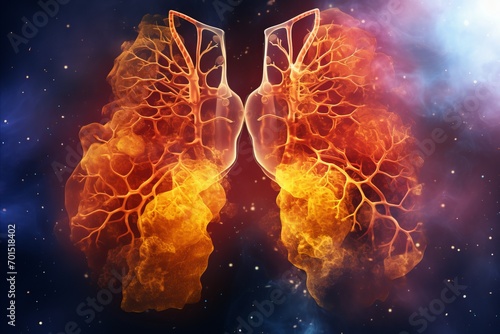 Illustration of pair of lungs, visibly impaired due to smoking, engulfed in fiery blaze photo