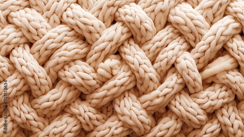 Knitted texture of beige wool threads close-up. Texture of a beige knitted sweater. Realistic large beige knitting 3D background. Collection of knitted backgrounds. Generative ai. Knitted texture of beige wool threads close-up. Texture of a beige knitted sweater. Realistic large beige knitting 3D background. Collection of knitted backgrounds. Generative ai.