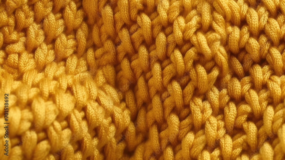 Knitted texture of golden wool threads close-up. Texture of a golden knitted sweater. Realistic large golden knitting 3D background. Collection of knitted backgrounds. Generative ai.