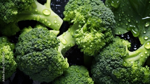  a close up of a bunch of broccoli with drops of water on the broccoli florets.