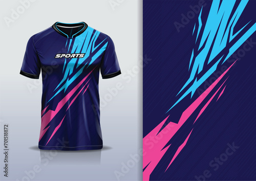 T-shirt mockup with abstract stripe line jersey design for football, soccer, racing, esports, running, in blue pink color 