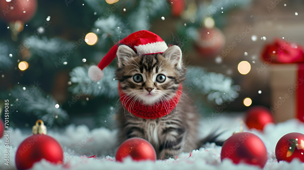 kitten in a Christmas hat and scarf against a background of snow-covered Christmas trees, close-up shot in a photorealistic location kitten in a Christmas hat and scarf against a background of snow-covered Christmas trees, close-up shot in a photorealistic location
