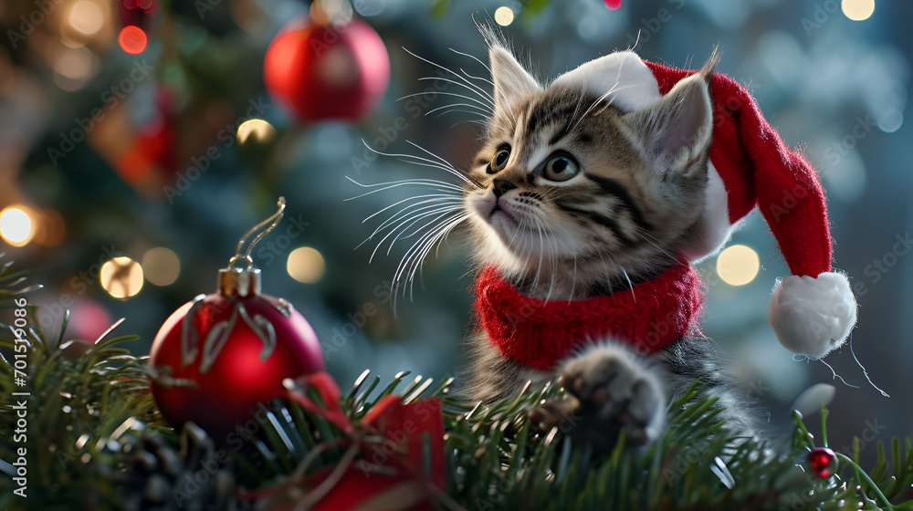 Obraz premium kitten in a Christmas hat and scarf against a background of snow-covered Christmas trees, close-up shot in a photorealistic location
