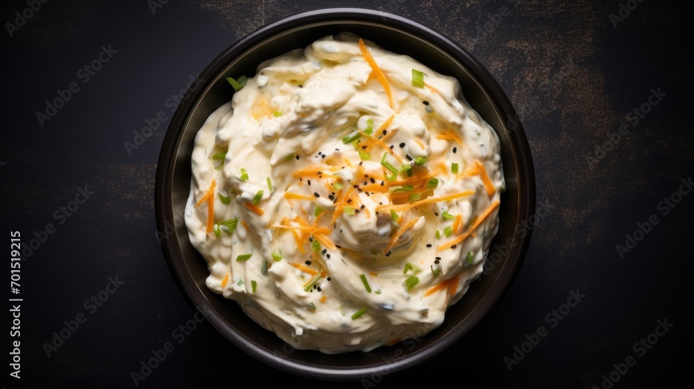 a bowl of mashed potatoes topped with shredded cheese and green onion sprinkles on a black surface. a bowl of mashed potatoes topped with shredded cheese and green onion sprinkles on a black surface.