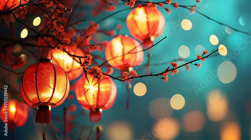 banner with place for text for chinese new year or lantern festival, glowing chinese lanterns close up on bokeh background