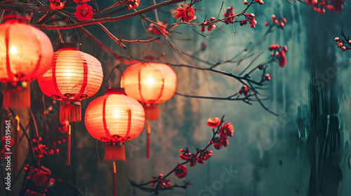 banner with place for text for chinese new year or lantern festival, glowing chinese lanterns close up on bokeh background