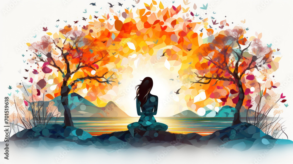 Silhouetted against a backdrop of fiery autumn leaves, a person in meditation communicates the warmth and transformation that health and self-care bring on World Health Day.