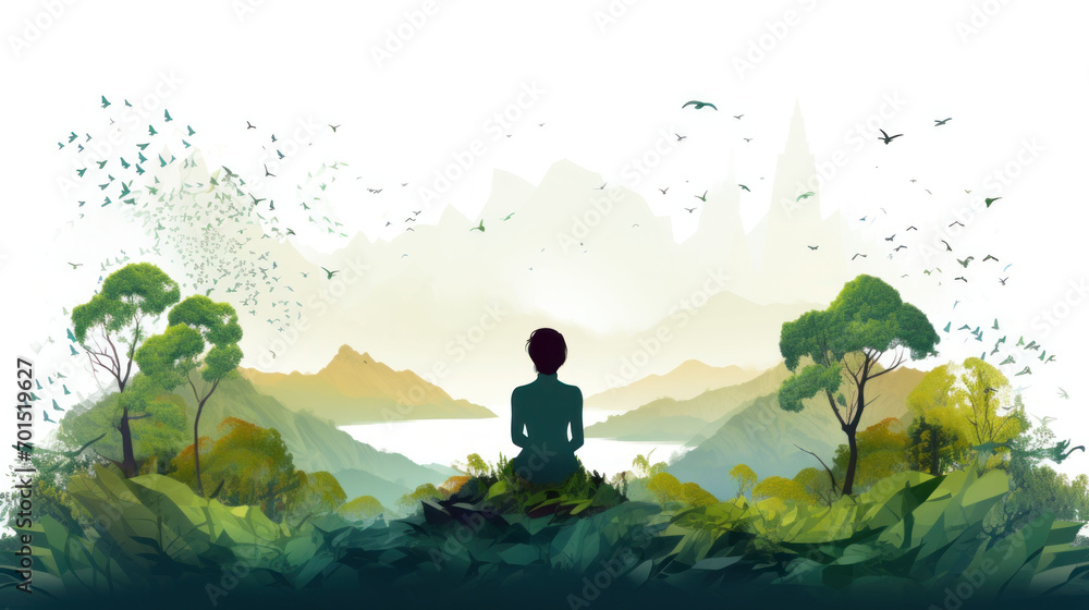 The silhouette of a meditative figure overlooking a serene lake captures the essence of reflection and inner peace for World Health Day, emphasizing the connection to the natural world.