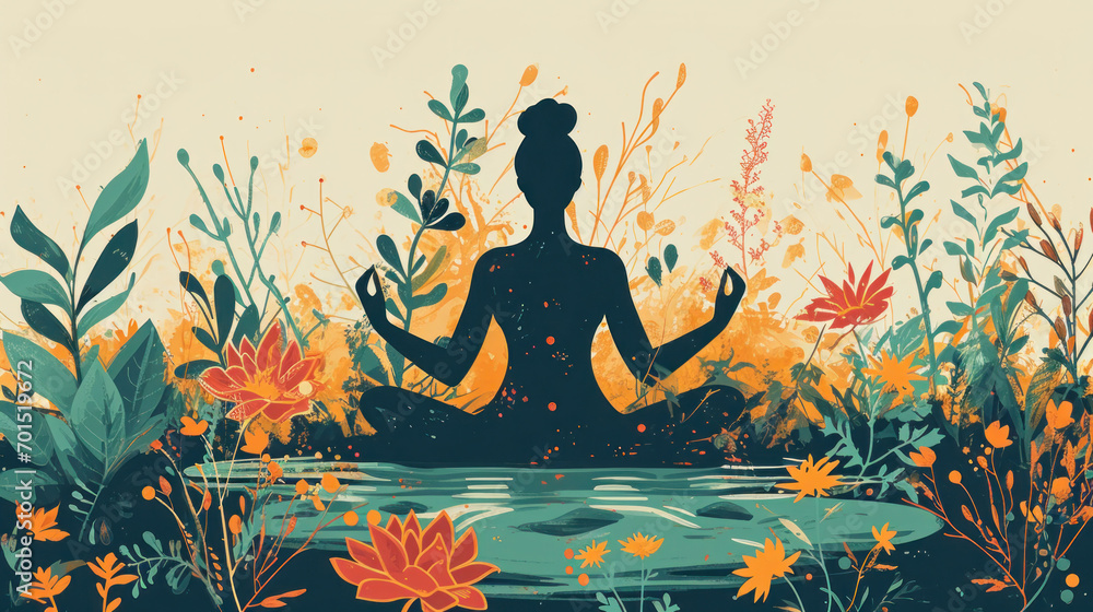 A meditative pose by the water, surrounded by fall flora, represents serenity and mindfulness. This tranquil setting highlights the importance of mental health for World Health Day.