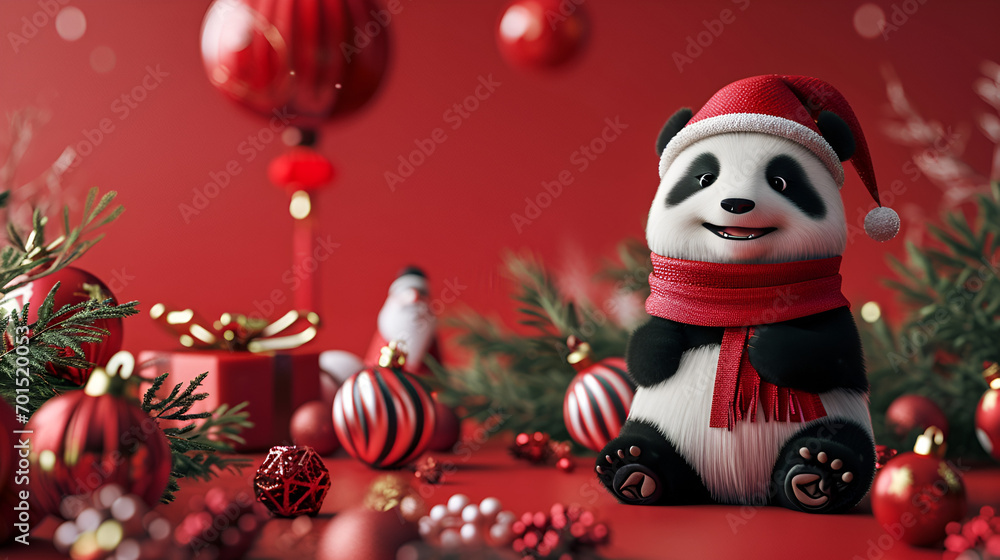 cute panda wearing christmas cap on red background banner for chinese new year with space for text cute panda wearing christmas cap on red background banner for chinese new year with space for text