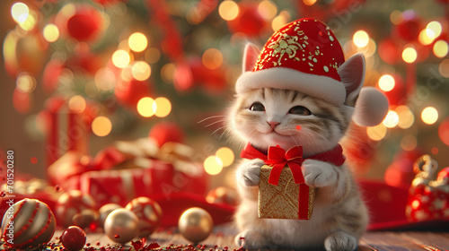 white cat in a Christmas cap and red scarf on a red background and gold bokeh and glitter