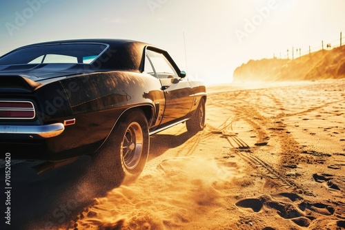 A muscle car stirs up sand at a beach.