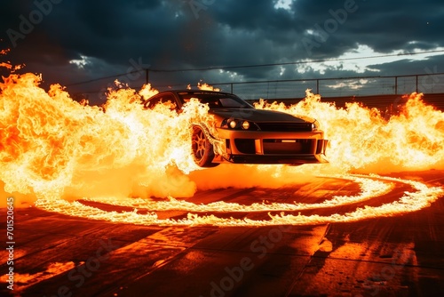 A fast car jumps and a ring of fire.