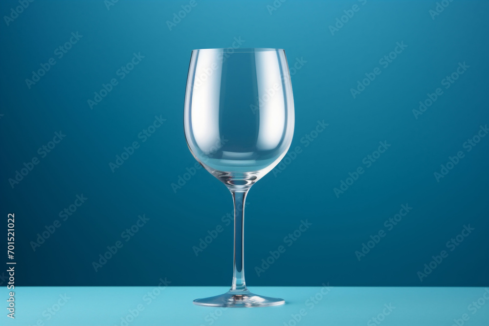 A single isolated wine glass on a blue surface and background. Copy space.