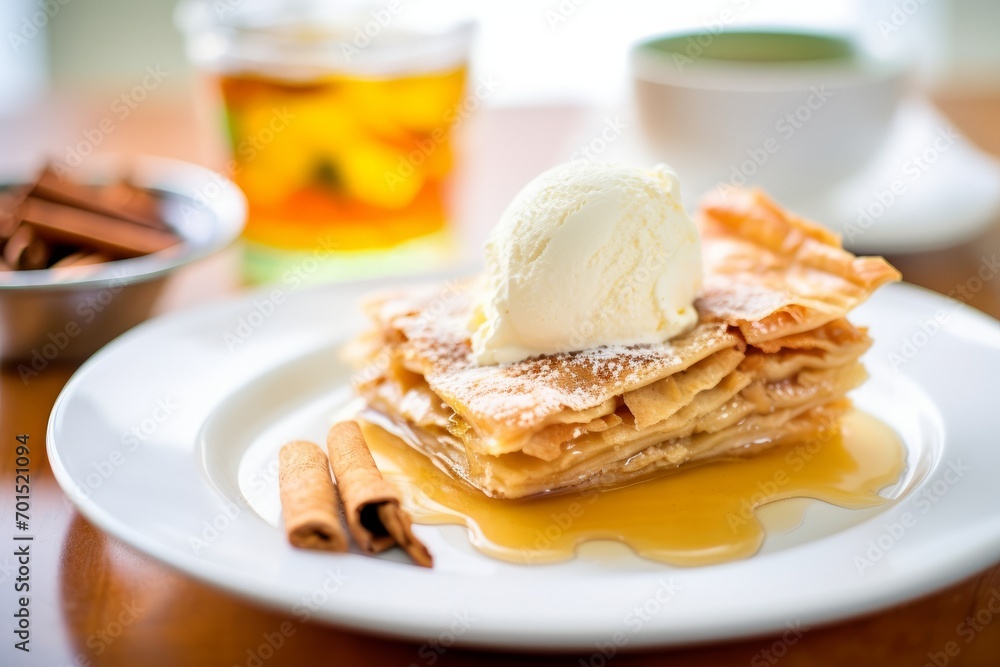 A delicious piece of apple pie served with a scoop of vanilla ice cream. A delicious piece of apple pie served with a scoop of vanilla ice cream.