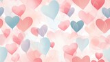  a bunch of heart shaped balloons floating in the air with pink, blue, and red colors on a white background.