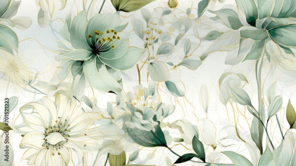 Floral background ornament. Floral artistic wallpaper with delicate flowers, leaves. Design in delicate green, white tones of watercolor texture for banners, printing on fabric, paper, wall paintings.