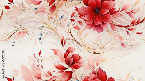 Floral background ornament. Floral artistic wallpaper with delicate flowers  leaves. Design in delicate red  beige tones of watercolor texture for banners  printing on fabric  paper  wall paintings.