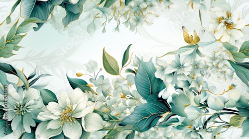 Floral background ornament. Floral artistic wallpaper with delicate flowers, leaves. Design in delicate green, white tones of watercolor texture for banners, printing on fabric, paper, wall paintings.