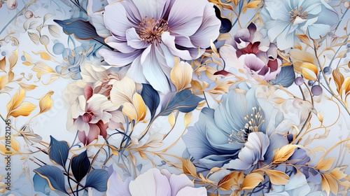Floral background ornament. Floral artistic wallpaper with delicate flowers, leaves. Design in delicate blue, white tones of watercolor texture for banners, printing on fabric, paper, wall paintings.