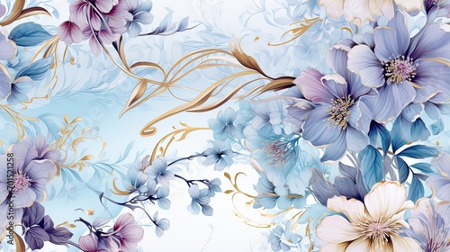 Floral background ornament. Floral artistic wallpaper with delicate flowers, leaves. Design in delicate lilac, blue tones of watercolor texture for banners, printing on fabric, paper, wall paintings.