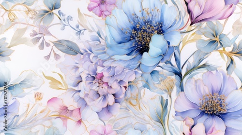 Fototapeta Naklejka Na Ścianę i Meble -  Floral background ornament. Floral artistic wallpaper with delicate flowers, leaves. Design in blue, lilac, white tones of watercolor texture for banners, printing on fabric, paper, wall paintings.