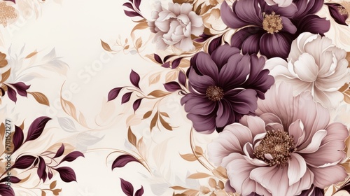 Floral background ornament. Floral artistic wallpaper with delicate flowers, leaves. Design in  burgundy and beige tones of watercolor texture for banners, printing on fabric, paper, wall paintings.