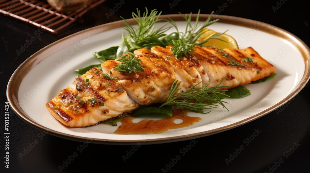  a white plate topped with a piece of fish covered in sauce and garnished with herbs and lemon wedges.
